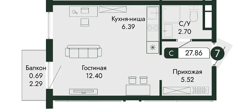Квартира Студия 27.7 кв. м