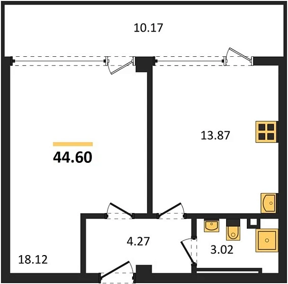 Квартира 1-комн. 44.6 кв. м