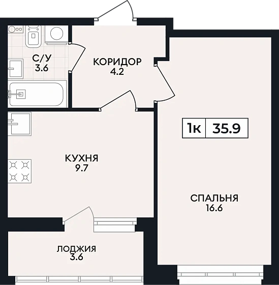 Квартира 1-комн. 35.9 кв. м