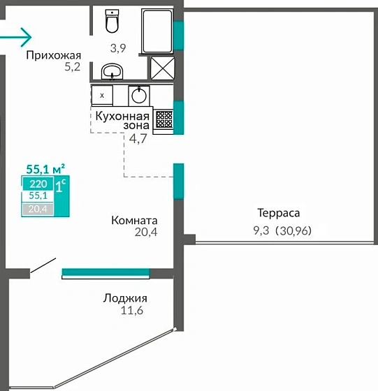 Апартаменты 1-комн. 55.1 кв.м