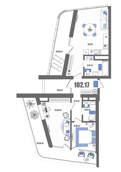 Апартаменты 2-комн. 102.17 кв. м