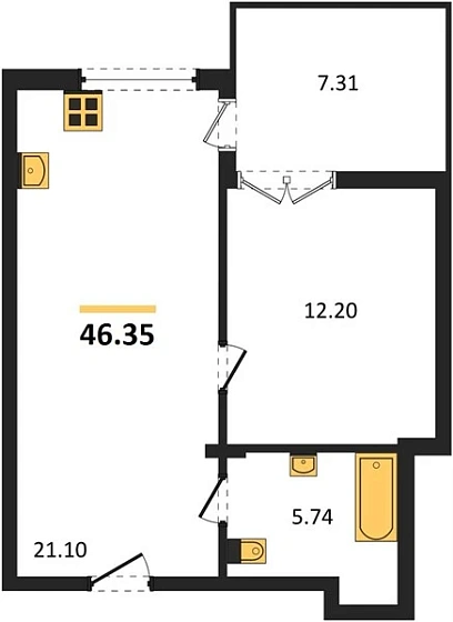Квартира 1-комн. 46.35 кв. м