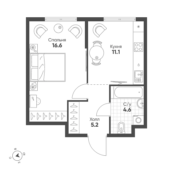 Квартира 1-комн. 37.5 кв. м