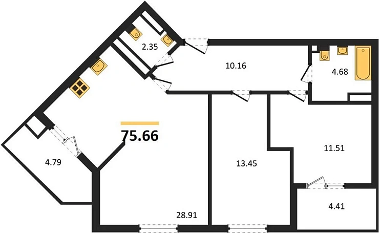 Квартира 2-комн. 75.66 кв. м