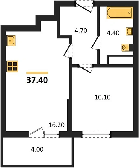 Квартира 1-комн. 37.4 кв. м