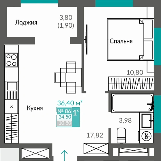 Квартира 1-комн. 34.5 кв.м