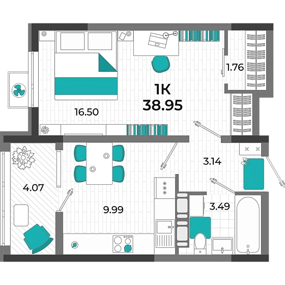 Квартира 1-комн. 38.95 кв. м