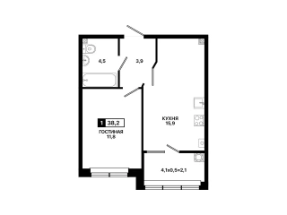 Квартира 1-комн. 38.2 кв. м