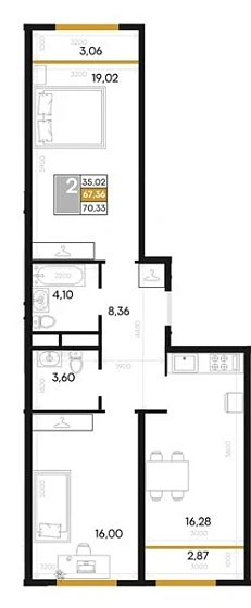 Квартира 2-комн. 70.33 кв. м