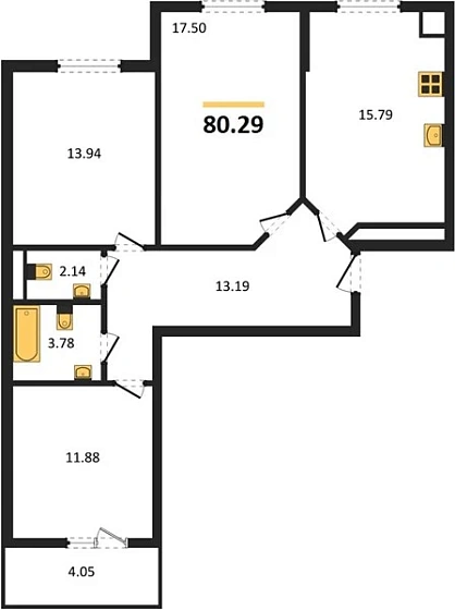 Квартира 3-комн. 80.29 кв. м