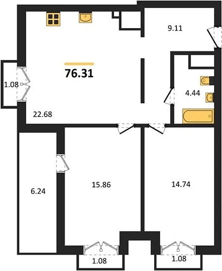 Квартира 2-комн. 76.31 кв. м