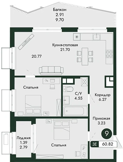 Квартира 2-комн. 60.82 кв. м