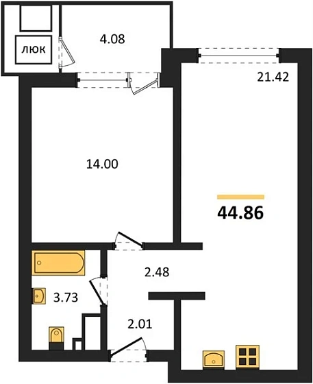 Квартира 1-комн. 44.86 кв. м