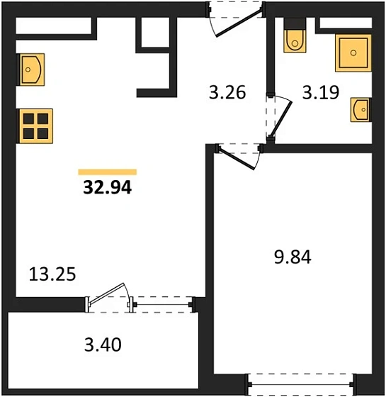 Квартира 1-комн. 32.94 кв. м
