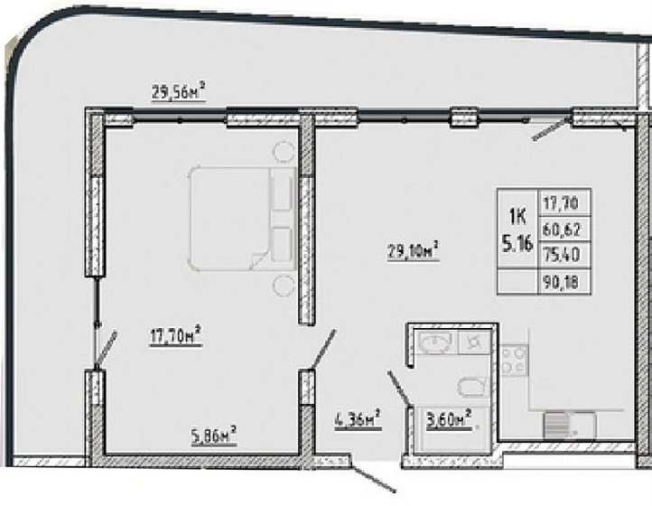Квартира 1-комн. 75.4 кв. м