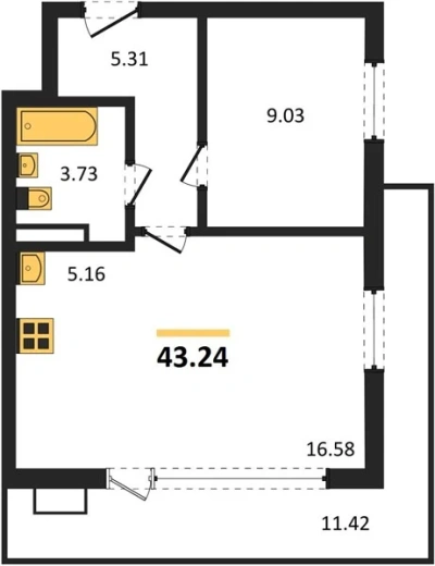 Квартира 1-комн. 43.24 кв. м