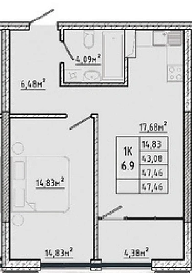 Квартира 1-комн. 47.46 кв. м