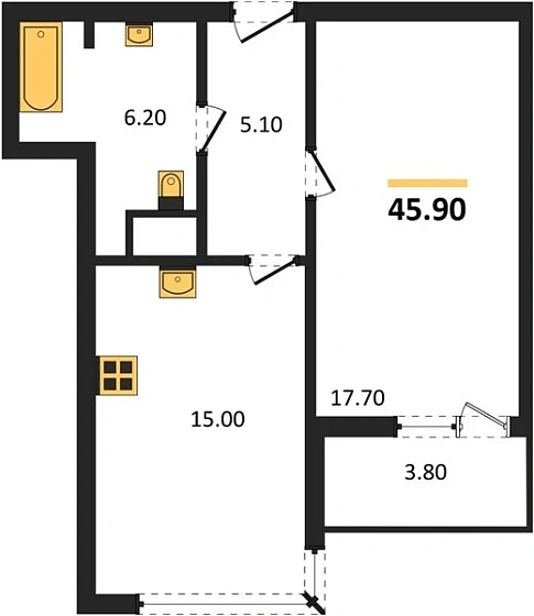 Квартира 1-комн. 45.9 кв. м