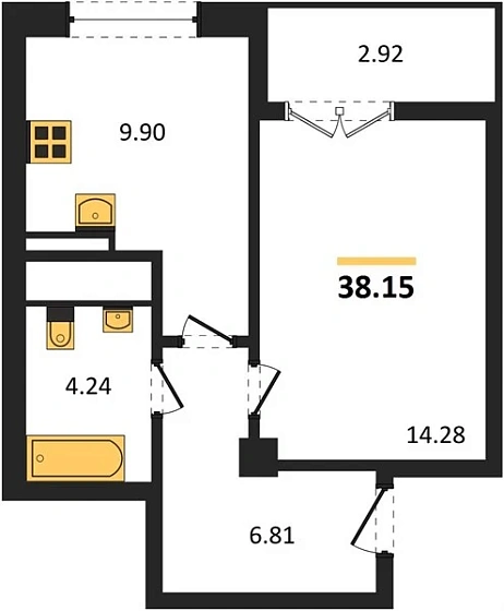 Квартира 1-комн. 38.15 кв. м