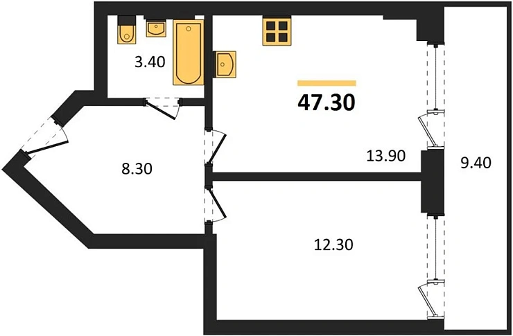 Апартаменты 1-комн. 47.3 кв. м