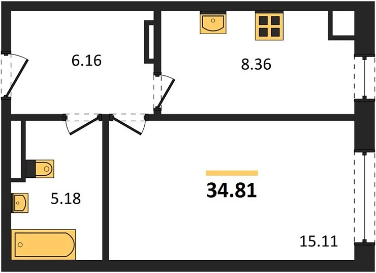 Квартира 1-комн. 34.81 кв. м