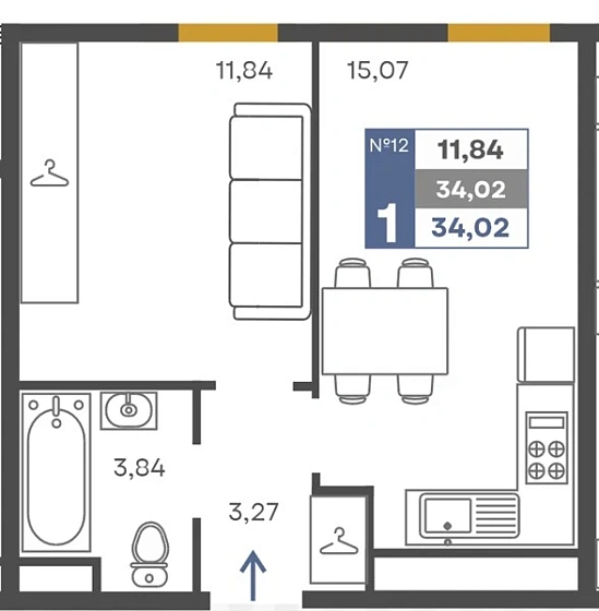 Квартира 1-комн. 34.02 кв. м