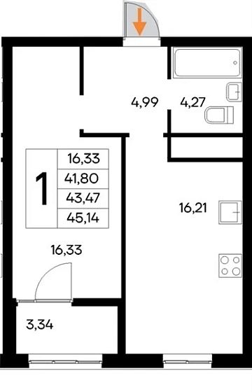 Квартира 1-комн. 45.14 кв. м