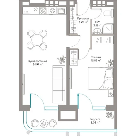 Квартира 1-комн. 57.55 кв. м