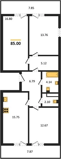 Квартира 3-комн. 85 кв. м