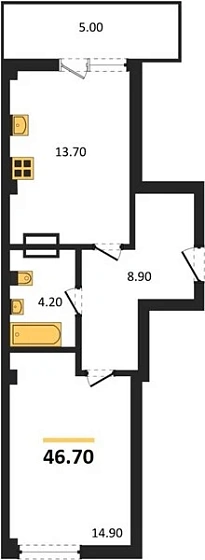 Квартира 1-комн. 46.7 кв. м