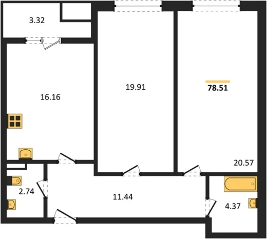 Квартира 2-комн. 78.51 кв. м