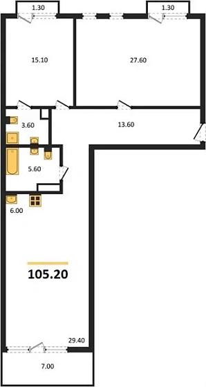 Квартира 2-комн. 105.2 кв. м