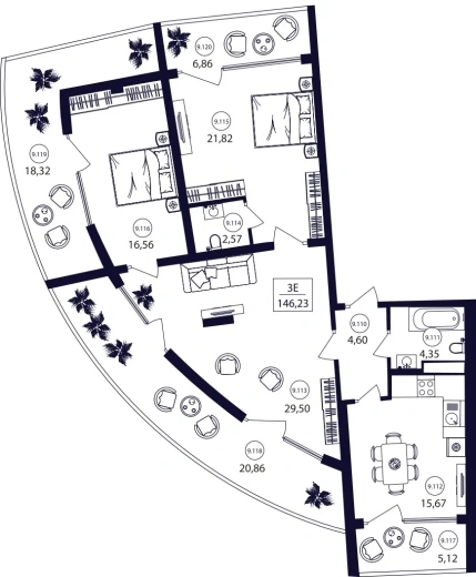 Апартаменты 3-комн. 146.23 кв. м