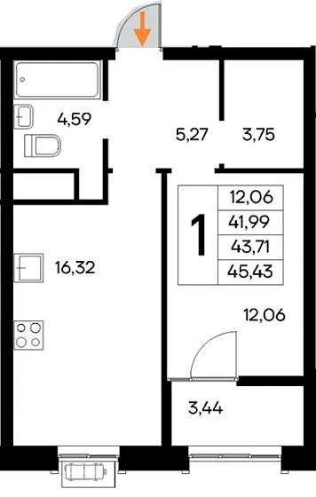 Квартира 1-комн. 45.43 кв. м