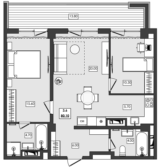 Апартаменты 3-комн. 80.1 кв. м