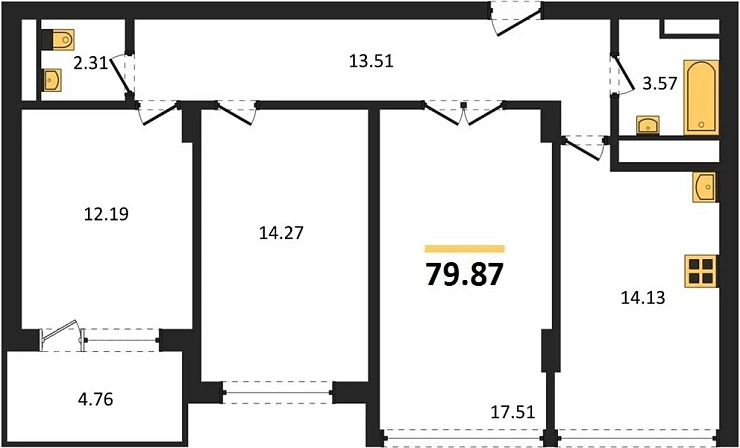 Квартира 3-комн. 79.87 кв. м