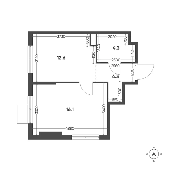 Квартира 1-комн. 37.3 кв. м