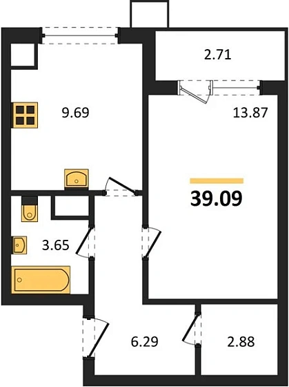 Квартира 1-комн. 39.09 кв. м