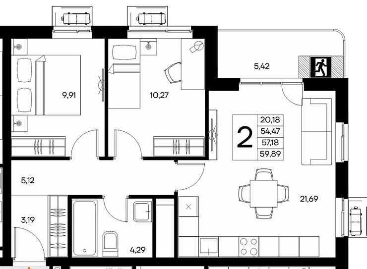 Квартира 2-комн. 59.89 кв. м