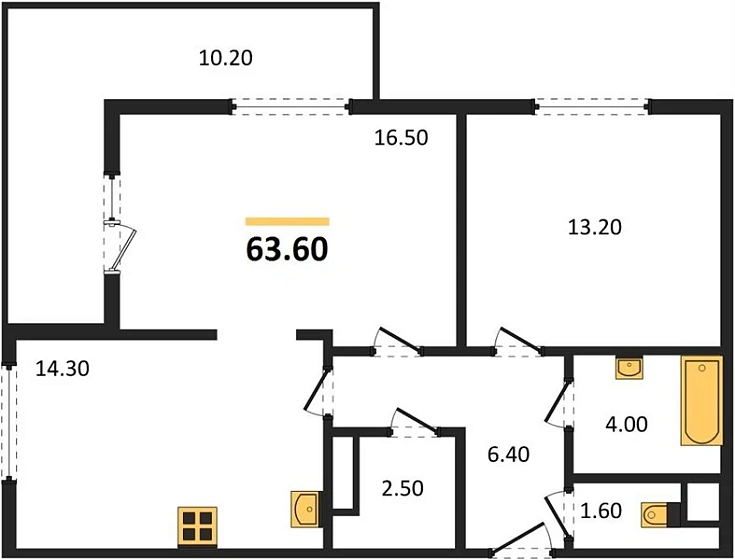 Квартира 2-комн. 63.6 кв. м