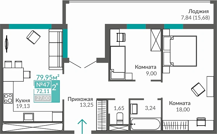 Квартира 2-комн. 72.11 кв.м