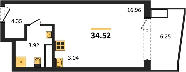Апартаменты 1-комн. 34.52 кв. м