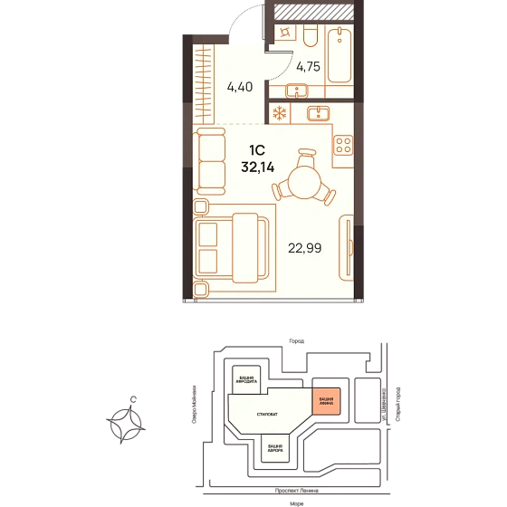 Квартира Студия 32.14 кв. м