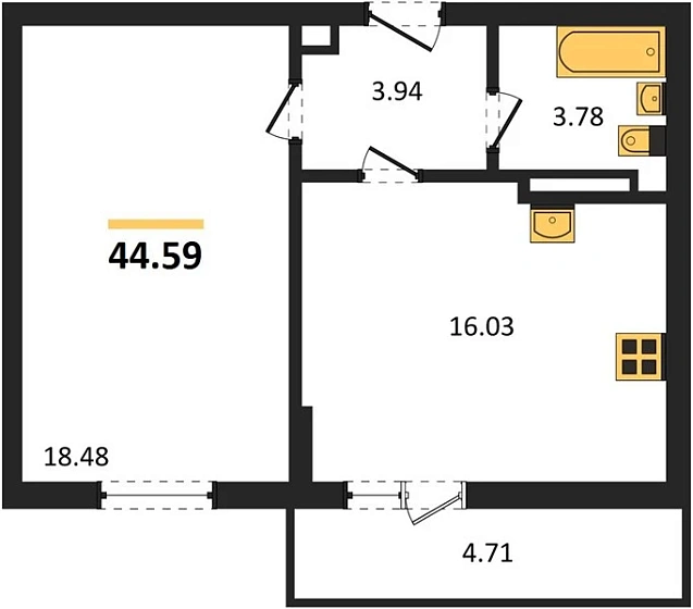 Квартира 1-комн. 44.59 кв. м
