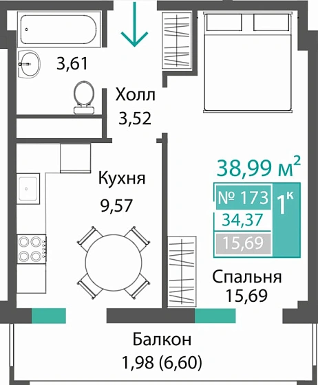 Квартира 1-комн. 34.37 кв.м