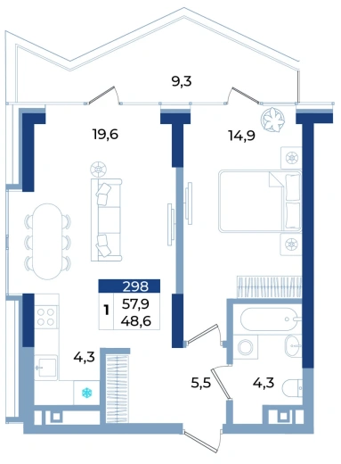 Апартаменты 1-комн. 57.9 кв.м