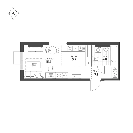 Квартира Студия 29.3 кв. м