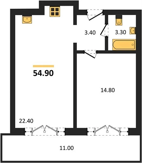 Апартаменты 1-комн. 54.9 кв. м
