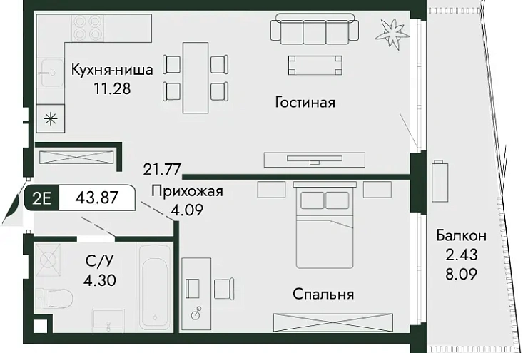 Квартира 1-комн. 43.87 кв. м