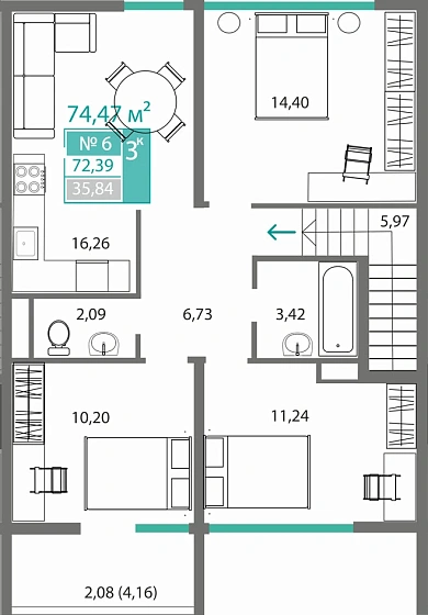 Квартира 3-комн. 72.39 кв.м